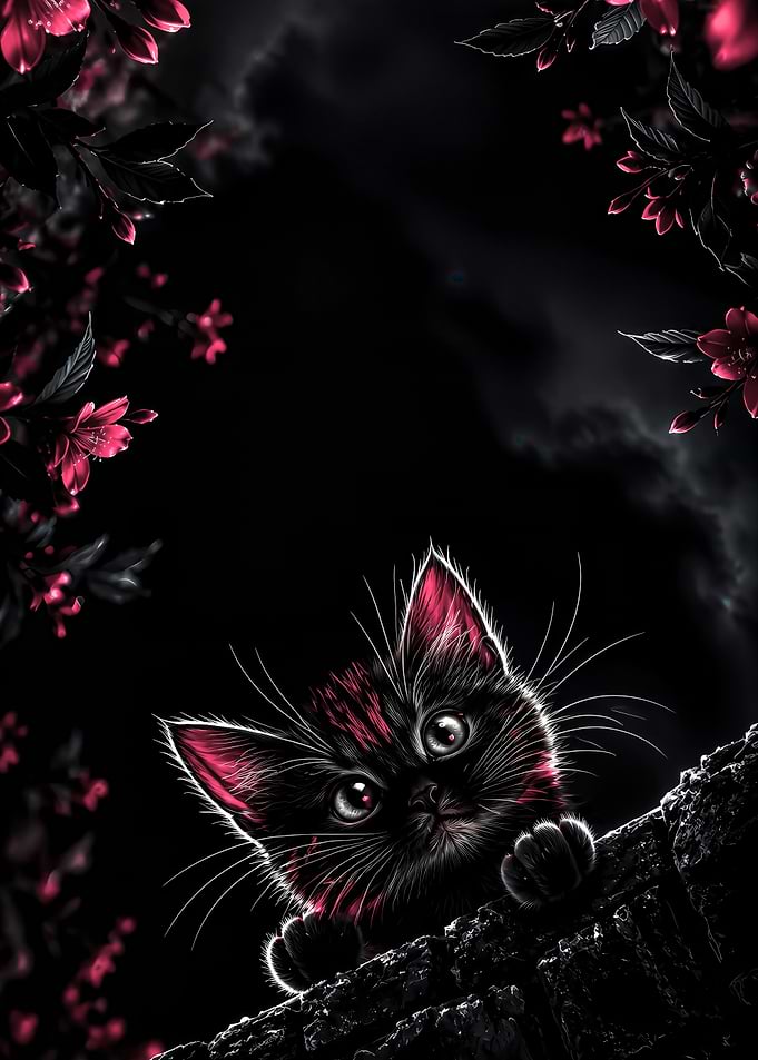 Black Kitten with Pink Floral Accents