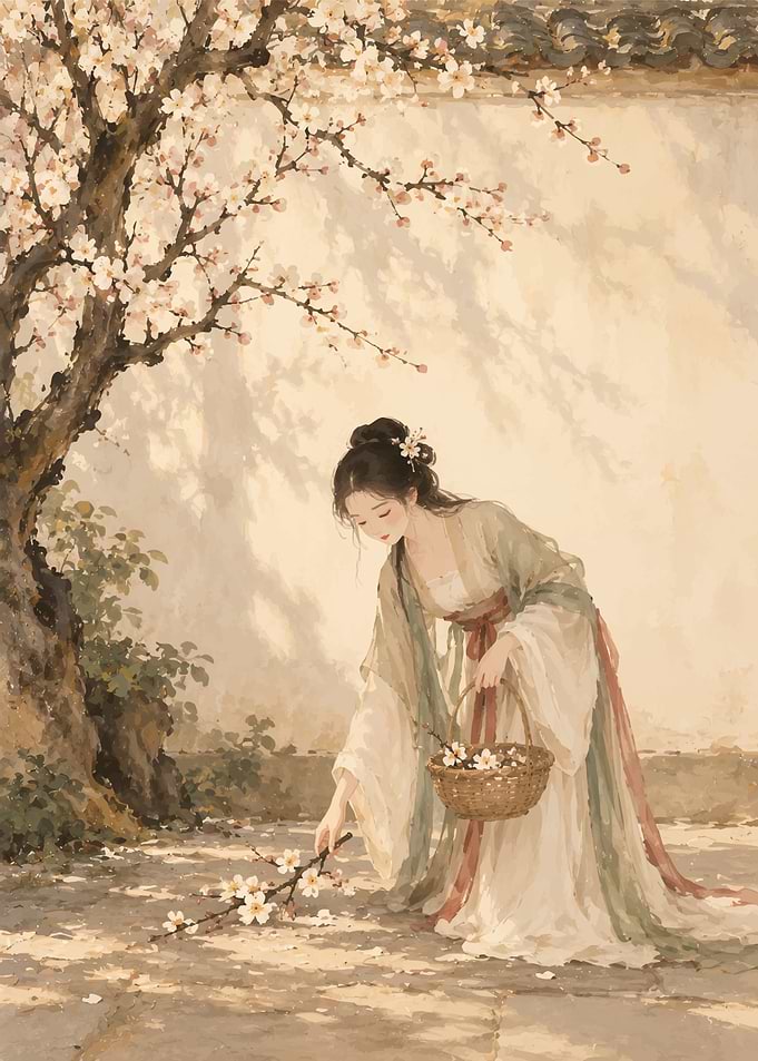 Woman in Traditional Hanfu Gathering Flowers