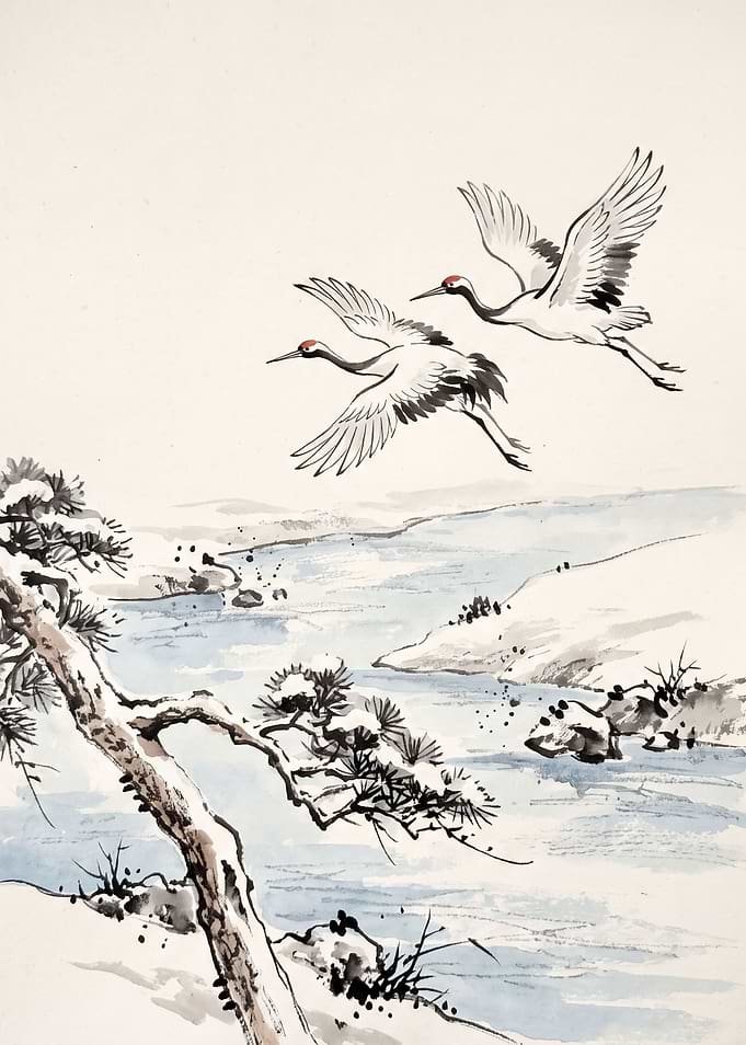 Bokusaiga Cranes over a Frozen River
