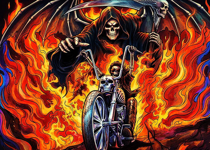 Grim Reaper Riding Flaming Motorcycle