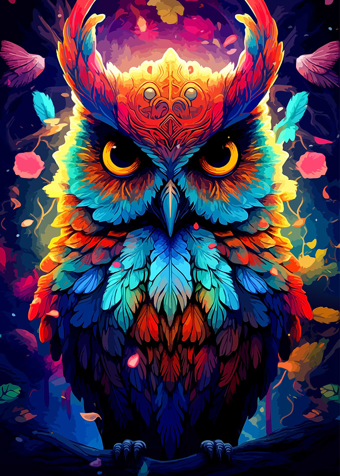 Vibrant Psychedelic Owl Portrait