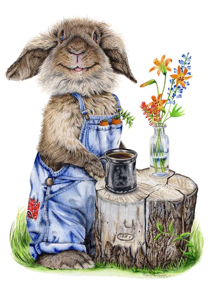 Cute Rabbit in Overalls with Flowers