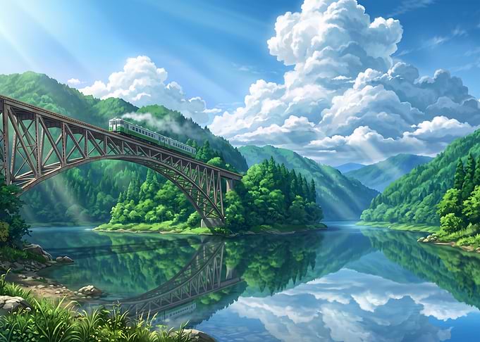 Train Crossing Bridge Over River