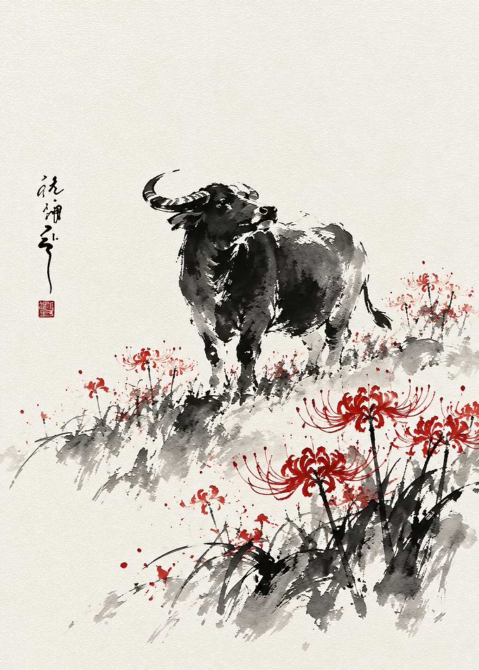 Ink Wash Painting of Water Buffalo
