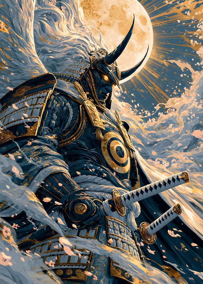 Celestial Oni Samurai Warrior Under Full Moon