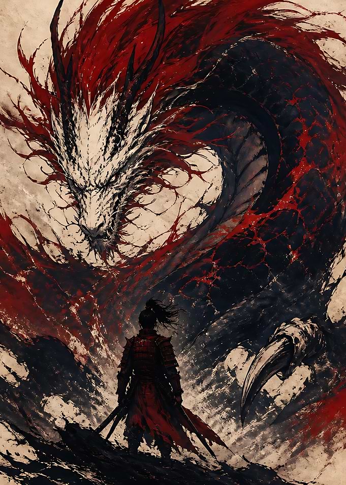 Samurai Facing a Fearsome Dragon