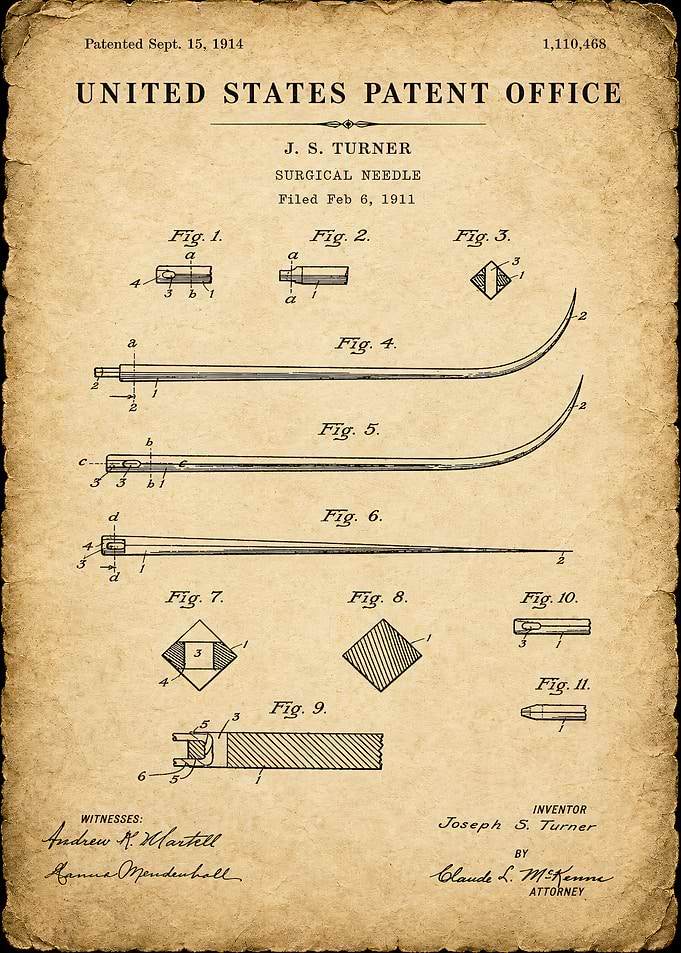 1914 Surgical Needle Patent Blueprint