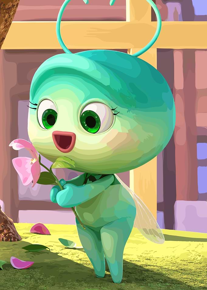 Cute Cartoon Bug Holding a Flower