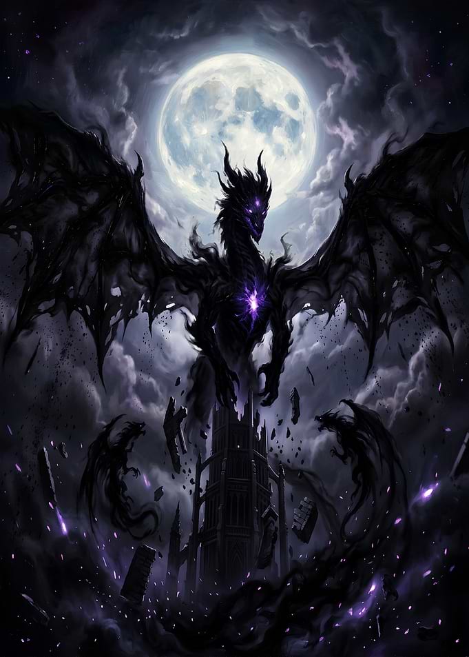 Dark Dragon Over Ruined Tower