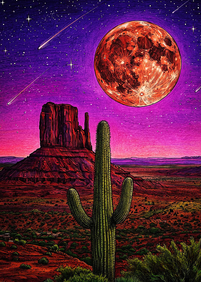 Surreal Desert Landscape with Red Moon
