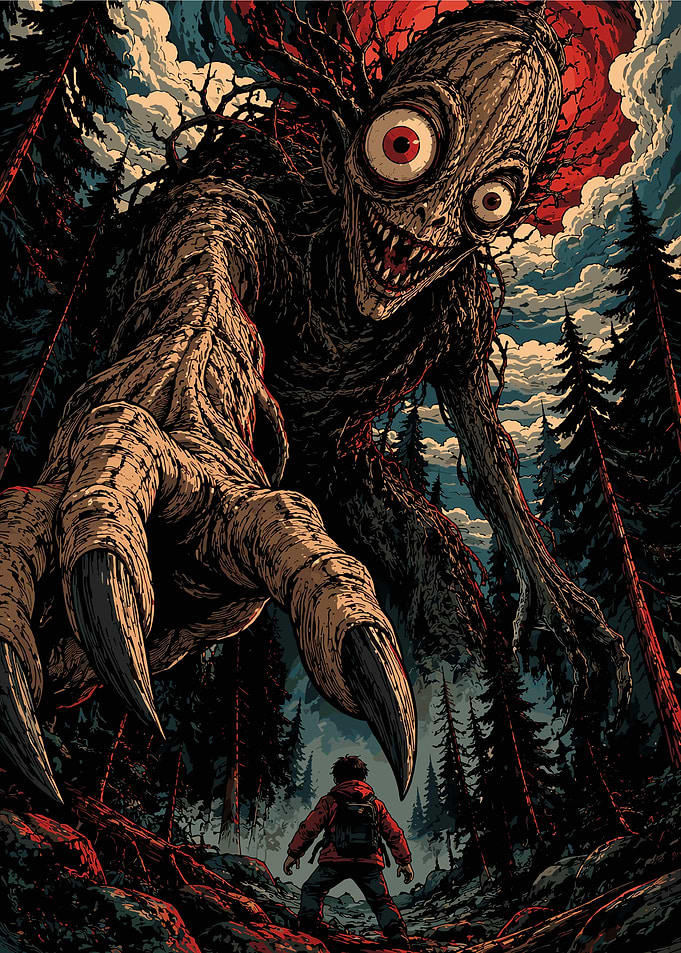 Terrifying Forest Monster Confronting Hiker