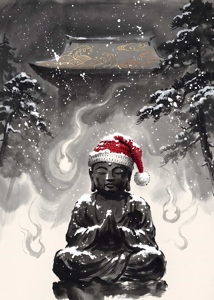 Buddha Statue in Santa Hat at Snowy Temple