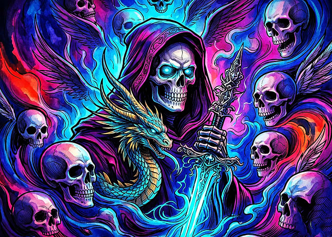 Grim Reaper with Dragon and Skulls