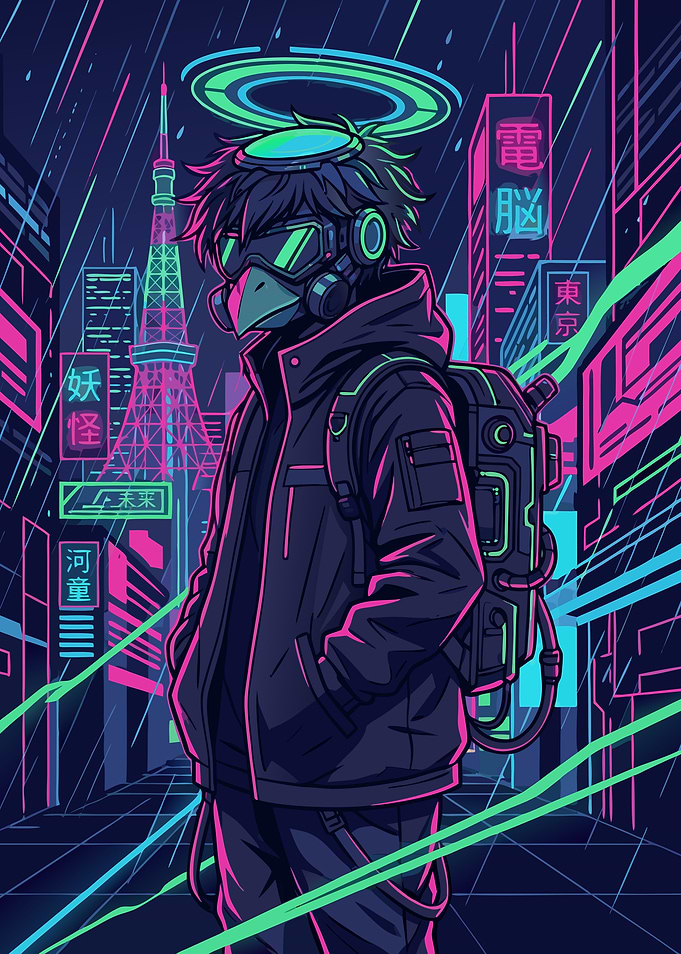 Bird-Masked Character in Tokyo – Cyberpunk Kappa