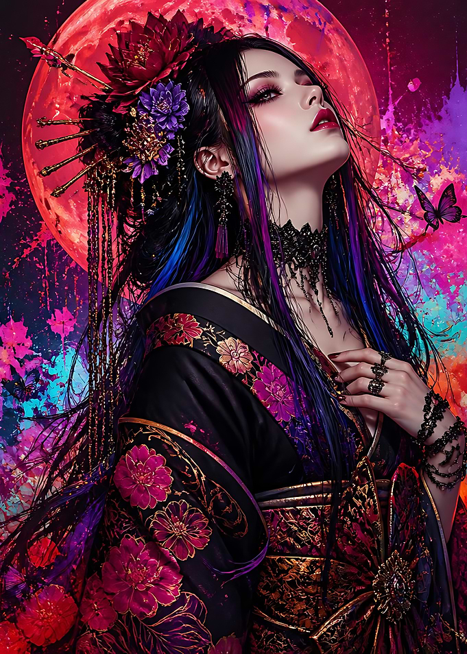 Ethereal Geisha with Neon Moon