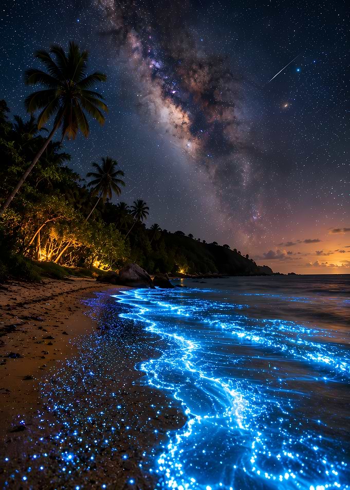 Bioluminescent Beach Under Milky Way