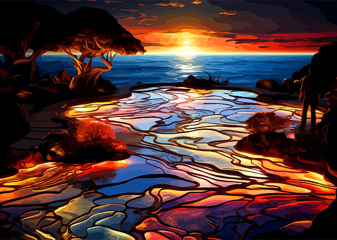 Stained Glass Sunset Over Ocean