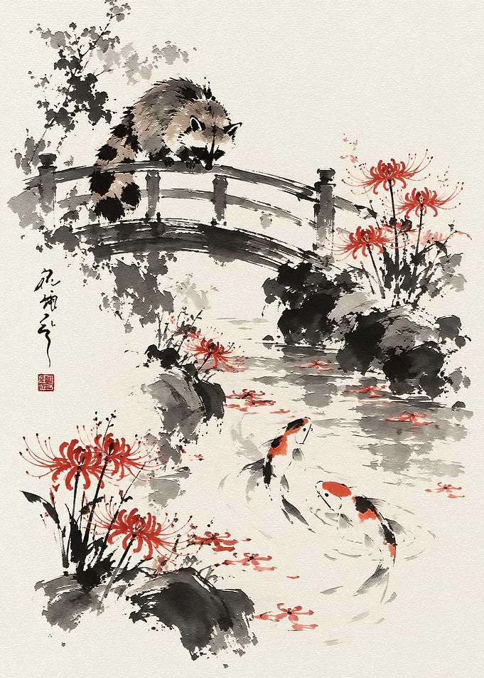 Raccoon and Koi in Ink Wash