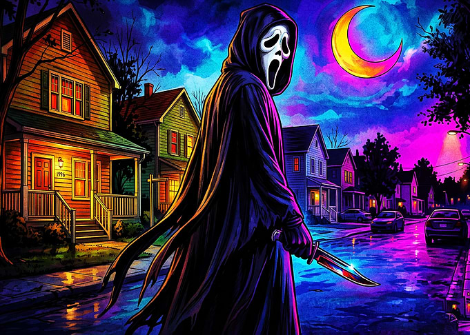 Ghostface Stalking a Suburban Street