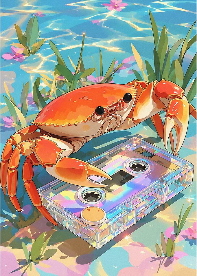 Cute Crab with Retro Cassette Tape