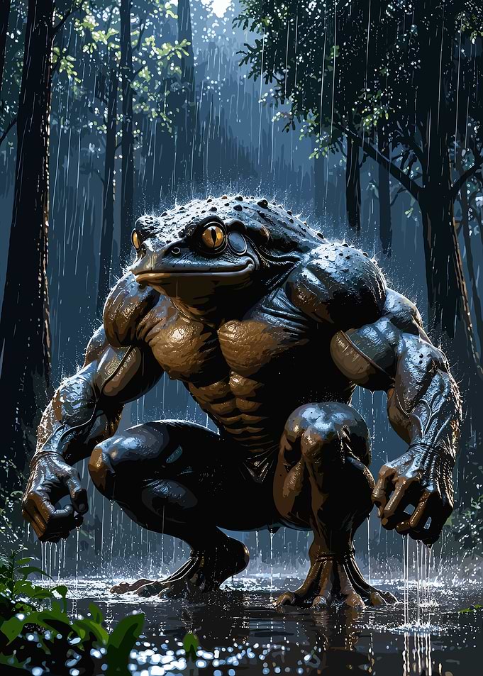 Muscular Toad Warrior in Rain