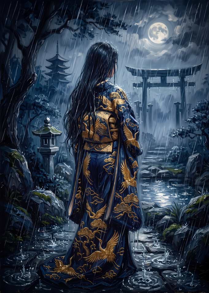 The Indigo Garden: Golden Cranes at the Torii Gate