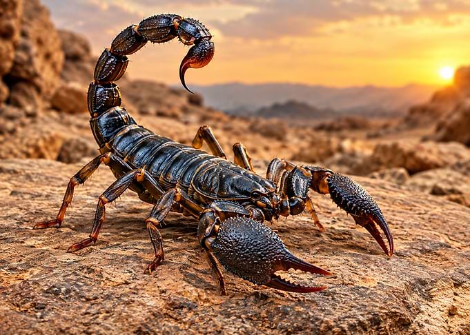 Black Scorpion in Desert Sunset