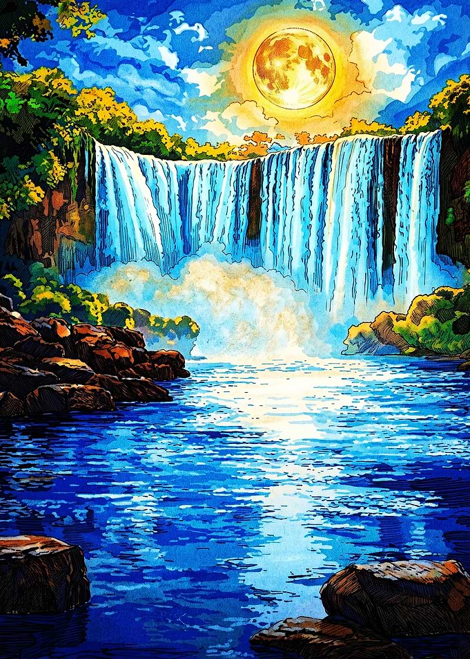 Vibrant Waterfall Under Full Moon