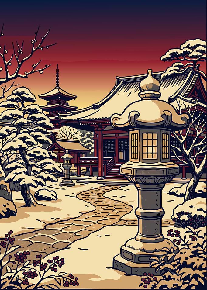 Dawn Over the Snowy Temple Garden