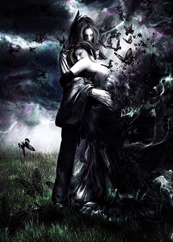 Gothic Embrace Amidst Dark Butterflies