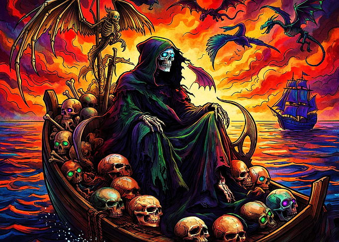 Grim Reaper Sailing a Skull Boat