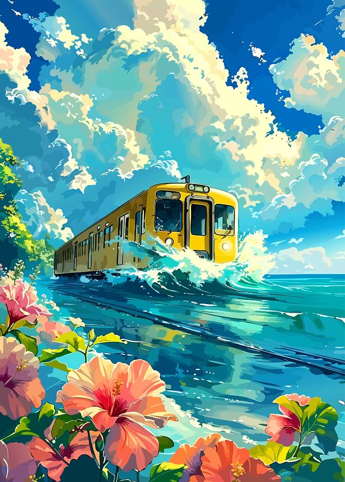 Yellow Train Traveling Through Ocean Waves