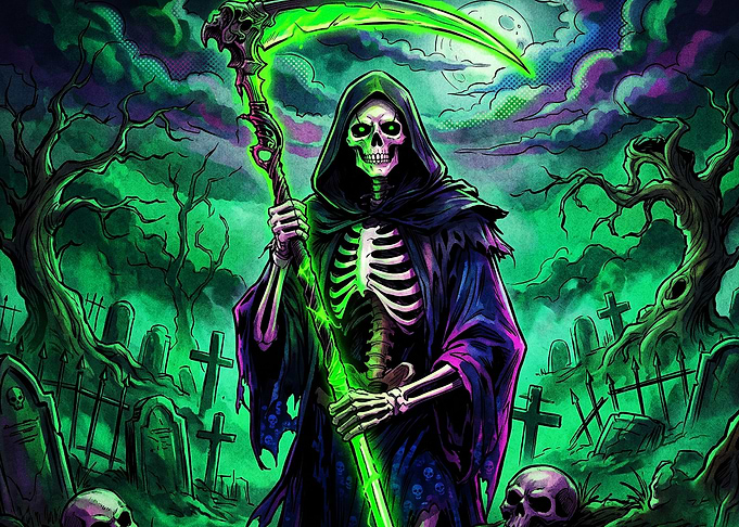 Grim Reaper in Glowing Green Graveyard