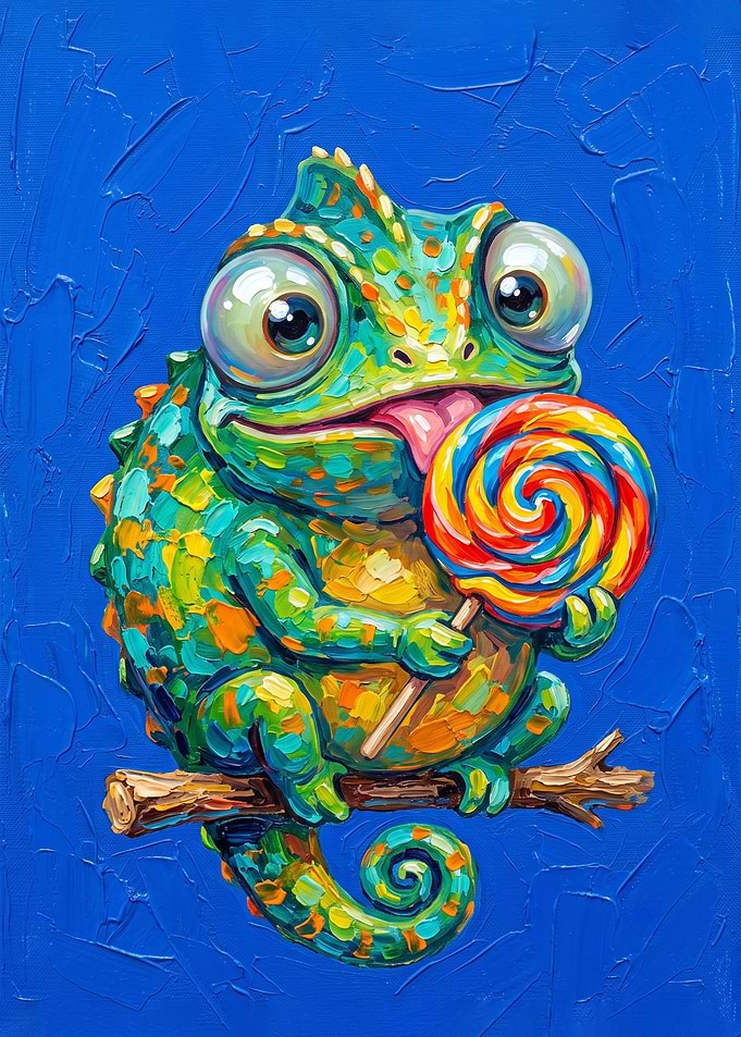 Cute Chameleon Eating a Lollipop