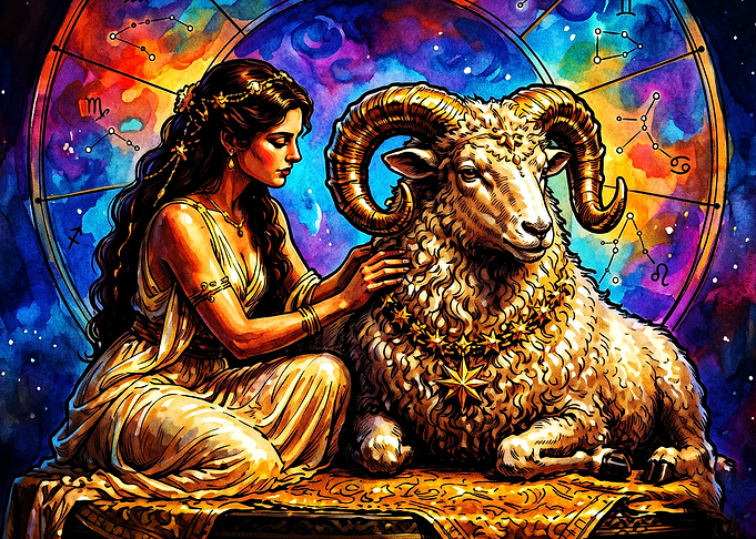 Aries Zodiac Goddess Watercolor Art