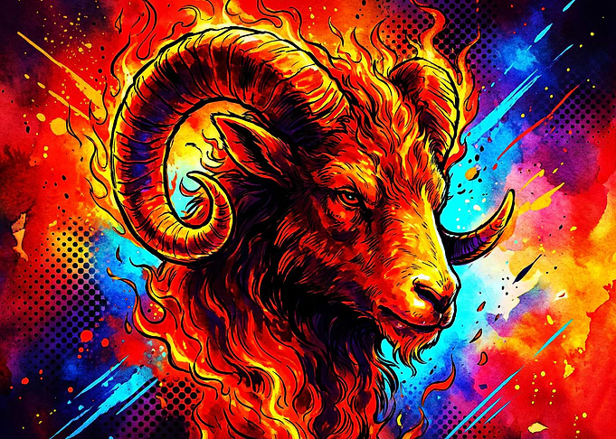 Aries Zodiac Fire Ram Neon Art Post
