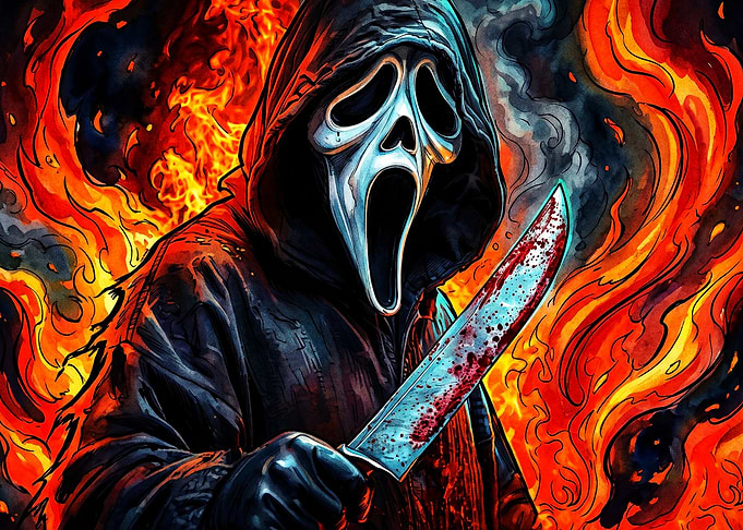 Ghostface Killer in Fiery Background