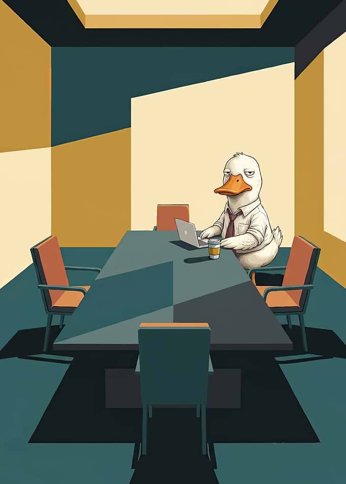 Corporate Duck Working in Boardroom