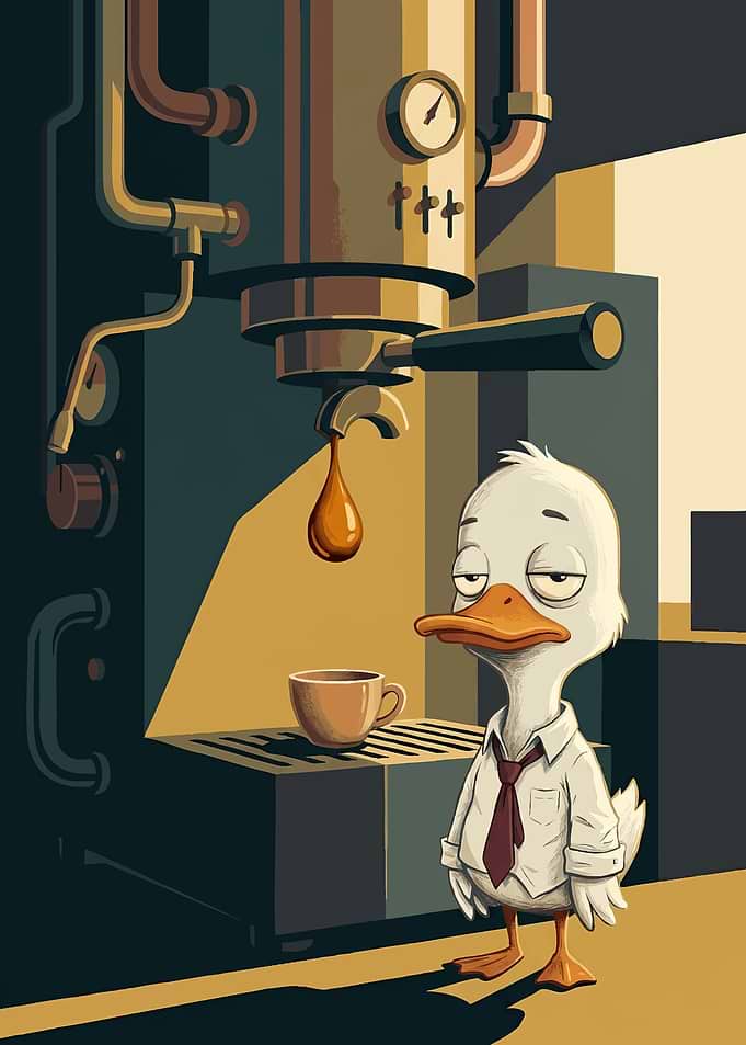 Tired Duck Making Morning Coffee
