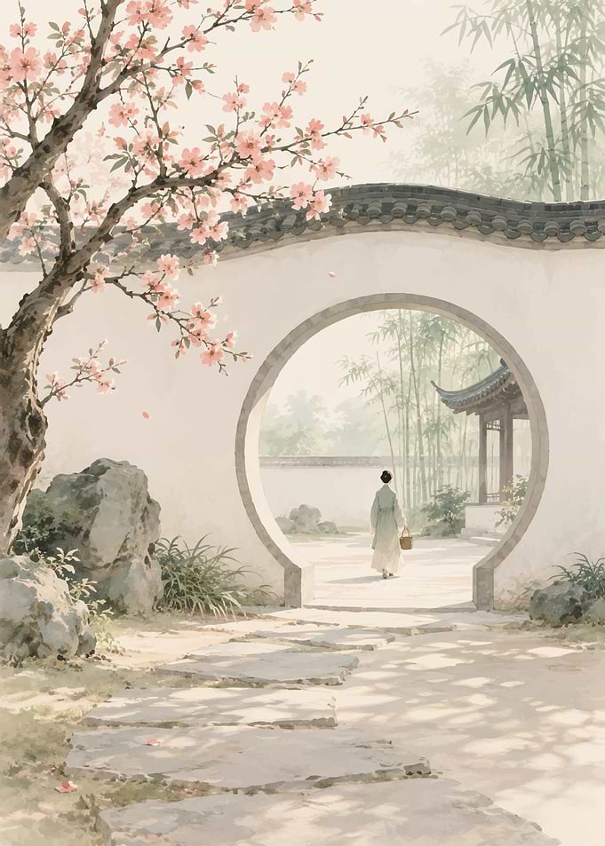 Woman walking through traditional moon gate