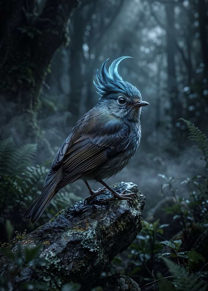 Crested Bird in Misty Forest