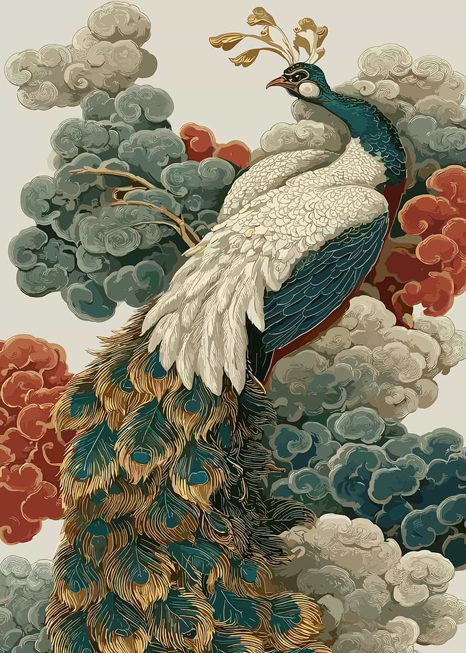 Elegant Peacock Amidst Stylized Clouds
