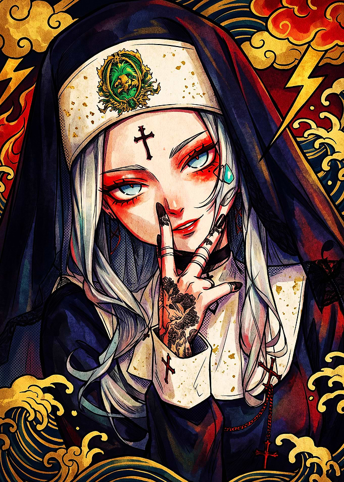 Stylized Anime Nun with Tattoos