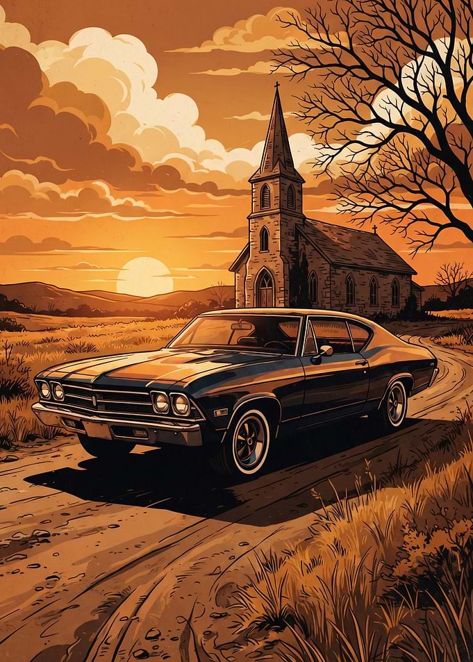 Classic Muscle Car at Sunset