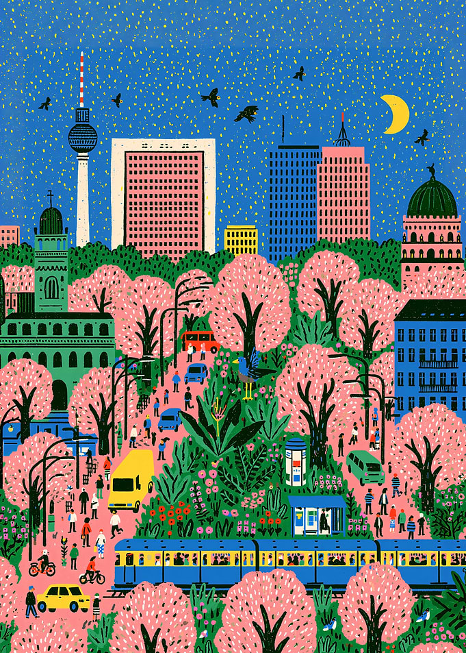 Berlin Cityscape with Cherry Blossoms