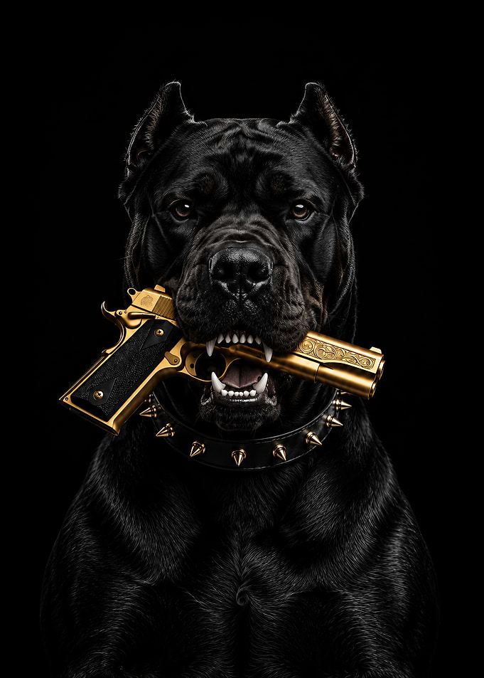 Black Cane Corso with Gold Pistol