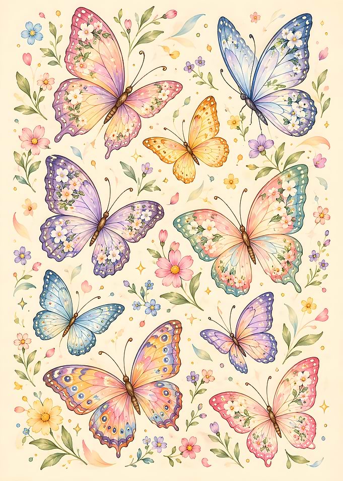 Whimsical Floral Butterfly Garden Illustration
