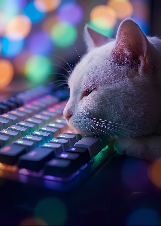 White Cat Sleeping on Gaming Keyboard