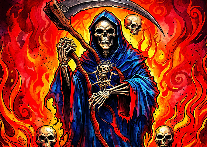 Grim Reaper with Scythe and Skulls