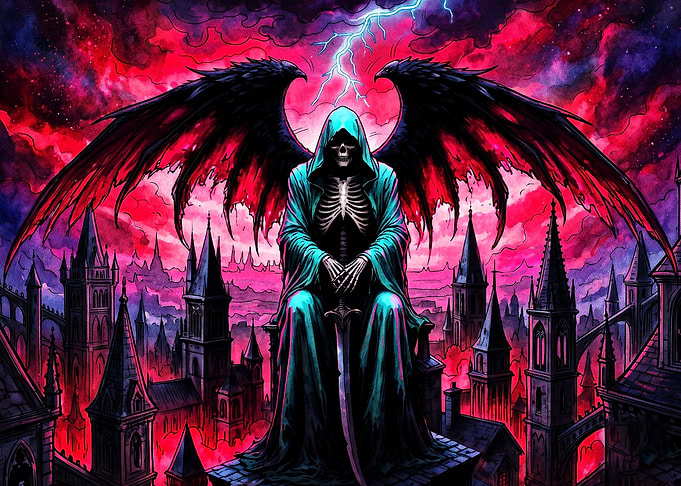 Grim Reaper Sitting Over Gothic City